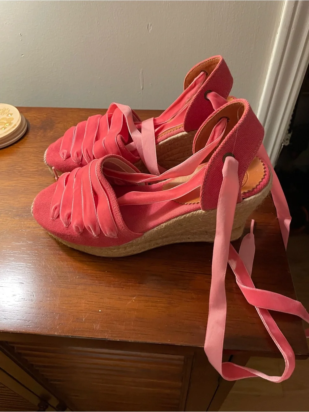 Penelope Chilvers Coral-Pink Espadrille Wedge Sandals with Satin Ties